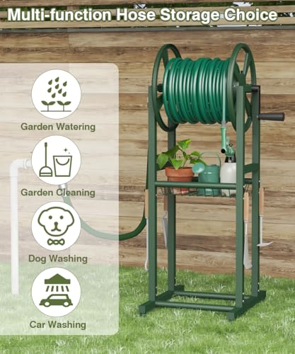 Freestanding Garden Hose Reel holds 125ft Hose of 5/8" with 4 Hooks, 4-Spike Outdoor Hose Holder with 3.9ft Leader Hose & Brass Fitting, Detachable Metal Hose Stand with Storage Rack, Green - color: Green