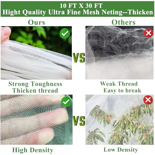 Garden Netting Kit for Raised Beds, 10x30FT Ultra Fine Mesh Netting＆ 6 Sets Garden Hoops, Garden Bed Row Cover Insect Netting Garden Hoop for Raised Bed Vegetable Plant Flowers Fruit Protection Net