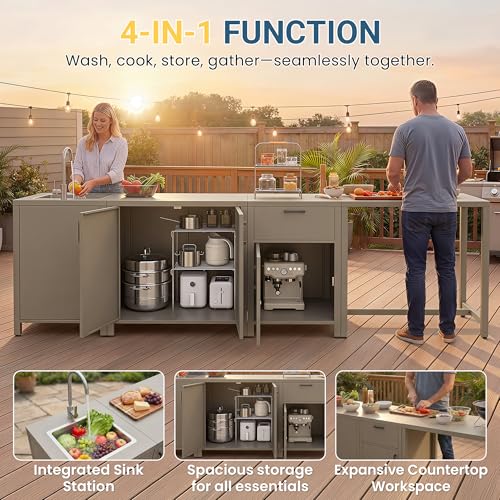 Wisteria Lane Outdoor Storage Cabinet with Stainless Steel Sink, Aluminum Modular Outdoor Kitchen, All Wheather Kitchen Island with Storage, Patio Bar Table for BBQ, Porch，Backyard - size: Sink Cabinete + Bar Table Cabinet