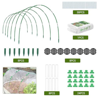 Garvee Garden Netting Kit, 8 x 24 ft Fruit Tree Mesh Netting with 5 Sets Fiberglass Garden Hoops & 20 Clips, Insect Bird Barrier Cover for Vegetable, Fruit, Flowers Protection, White