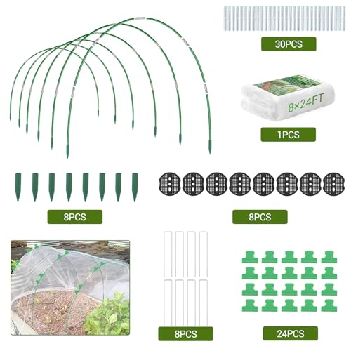 Garvee Garden Netting Kit, 8 x 24 ft Fruit Tree Mesh Netting with 5 Sets Fiberglass Garden Hoops & 20 Clips, Insect Bird Barrier Cover for Vegetable, Fruit, Flowers Protection, White