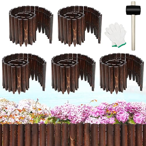 Hicarer 5 Pcs Total 20 ft Wood Garden Edging Fence Border Wood Landscape Border Decorative Flower Bed Barriers with Gloves Hammer for Tree Lawn Yard, 8" H x 47" L for Each(Brown) - color: brown