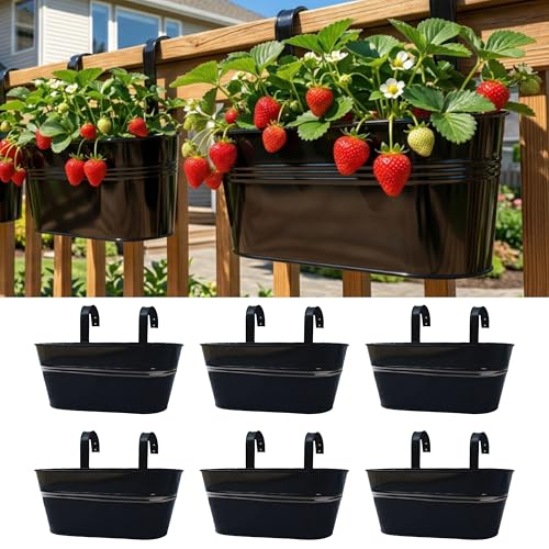 LaLaGreen Outdoor Plants Rail Planter Plants (6 Pack, 11.2 Inch) Black Metal Iron Hanging Flower Pots Deck Railings Fence Buckets Modern Style Wall Mount Window Box Plant Holder with Hooks Porch Decor - size: 11.2" (28cm) x 6 Pack