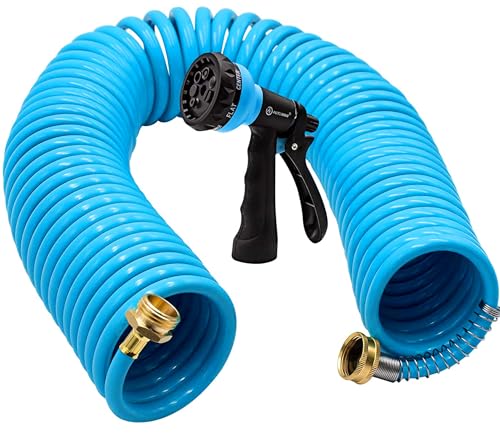 AUTOMAN Recoil Garden Hose 50 ft, EVA Curly Water Hose with Brass Connectors, Coil Garden Water Hose,Includes 7-Pattern Function Sprayer,Retractable,Corrosion Resistant Garden Coil Hose - color: Blue, size: 50ft