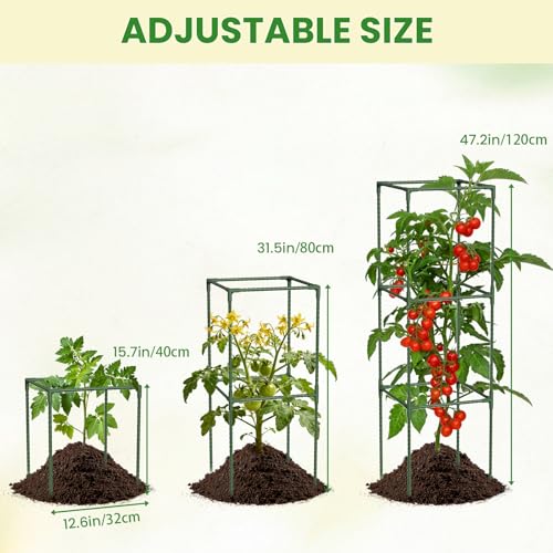 3-Pack Square Tomato Cages, 47.2" Tall Heavy-Duty Plant Support with 11mm Thick Stakes, Adjustable 3-Tier Tomato Trellis for Raised Beds, Large Planters & Climbing Vegetables