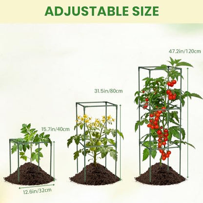 3-Pack Square Tomato Cages, 47.2" Tall Heavy-Duty Plant Support with 11mm Thick Stakes, Adjustable 3-Tier Tomato Trellis for Raised Beds, Large Planters & Climbing Vegetables