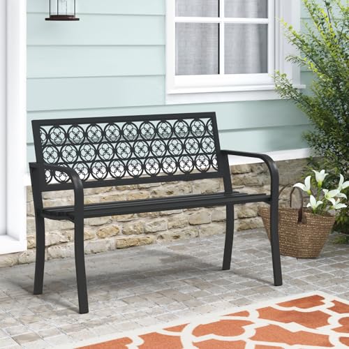 50" Outdoor Bench, Metal Weatherproof Garden Bench Cast Iron Heavy-Duty Patio Bench with Decorative Backrest for Proch Park 880lb Capacity - style: Clover-Black