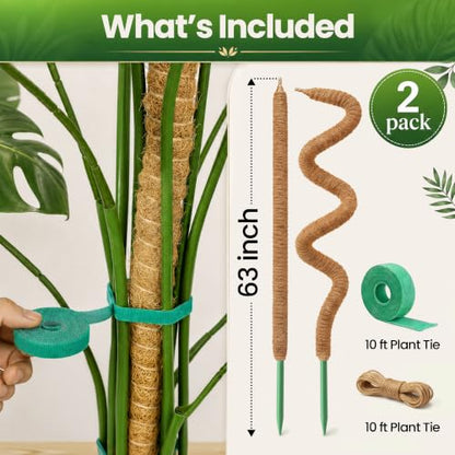 2 Pack 63'' Moss Pole Monstera Plant Support for Climbing Indoor Plants - size: 2-Pack (63 in)