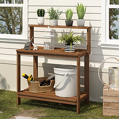 Furinno Tioman Outdoor Potting Bench with Storage Shelf, Natural - size: 3-Tier