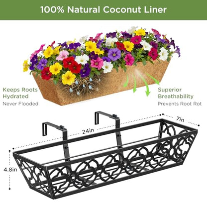 Y&M Window Boxes Horse Trough with Coconut Coir Liner, 24 Inch Window Deck with Coco Liner, Fence Metal Hanging Flower Planter Window Basket Deck Railing Planter Boxes (Flower 24in 2P) - size: Flower 24in 2P