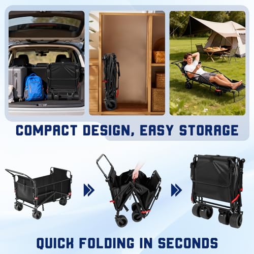 LEVELEVE Heavy Duty Folding Wagon - 2-in-1 Collapsible Cart, All-Terrain Wheels w/Brakes & Side Pockets (Black, 650lb Capacity) - color: Black, size: Large