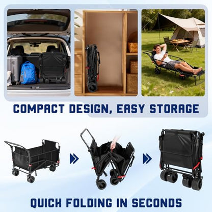 LEVELEVE Heavy Duty Folding Wagon - 2-in-1 Collapsible Cart, All-Terrain Wheels w/Brakes & Side Pockets (Black, 650lb Capacity) - color: Black, size: Large