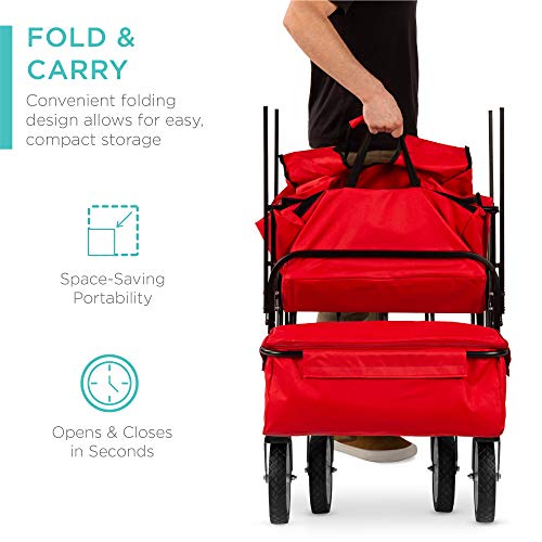 Best Choice Products Collapsible Folding Outdoor Utility Wagon with Canopy Garden Cart for Beach, Picnic, Camping, Tailgates w/Removable Canopy, Detachable Pockets, 150lb Weight Capacity - Red - color: Red
