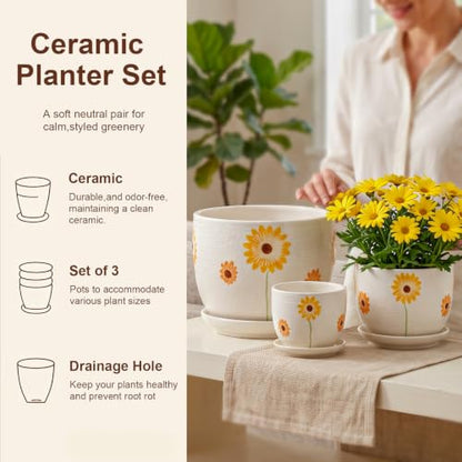 Ceramic Plant Pots,Sunflower Planters with Drainage Holes & Matching Saucer - color: White and Yellow
