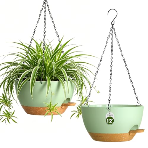 12 Inch Large Self Watering Hanging Planters 2 Pack with Saucers - color: Green Brown, size: 12 Inch 2 Pack