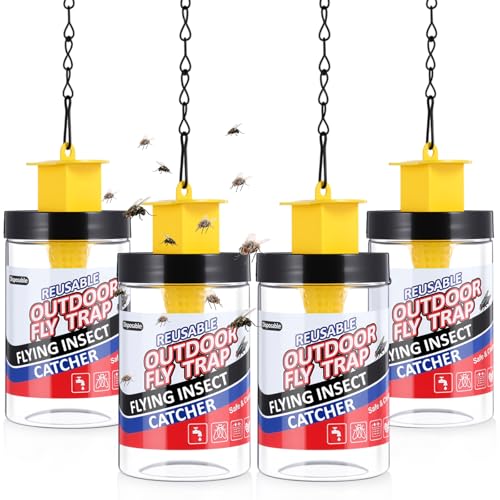 Qualirey 4 Pcs Fly Traps Outdoor Reusable Hanging Fly Jar Trap Gnat Bug Catcher Killer for All Flies Outside Filth Flies Insect Bug Control Patios Yard Ranch Barns(Yellow) - color: Yellow