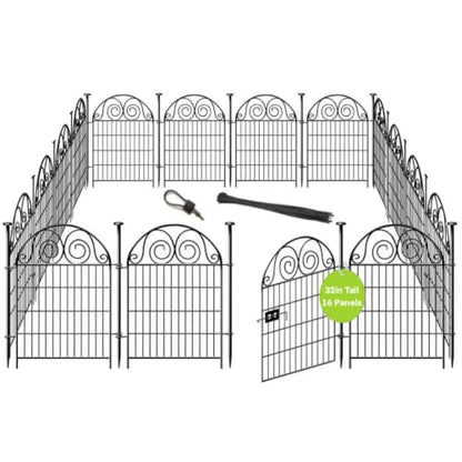 Getlay Tall Garden Animal Barrier Fencing with Gate, 32 in(H)×27 in(L) 16 Panels Dog Digging Fence Barrier, Black Metal Temporary Fence, Reusable Defense Fences for Outdoor Yard. Total 35 Ft│Patented - size: 32''(H)-16panels-35ft(L)