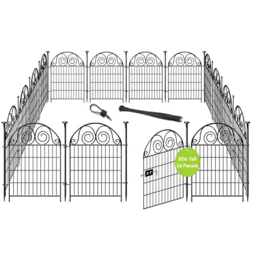 Getlay Tall Garden Animal Barrier Fencing with Gate, 32 in(H)×27 in(L) 16 Panels Dog Digging Fence Barrier, Black Metal Temporary Fence, Reusable Defense Fences for Outdoor Yard. Total 35 Ft│Patented - size: 32''(H)-16panels-35ft(L)