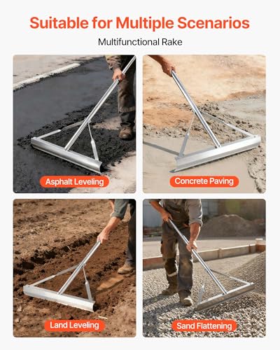 VEVOR Landscape Rake, 60 inch Handle 20 inch Wide Head, Large Heavy Duty Aluminum Landscaping Level, Asphalt Rake Tool for Asphalt & Land Leveling, Concrete Paving, Sand Flattening, No Teeth - size: 60 inch
