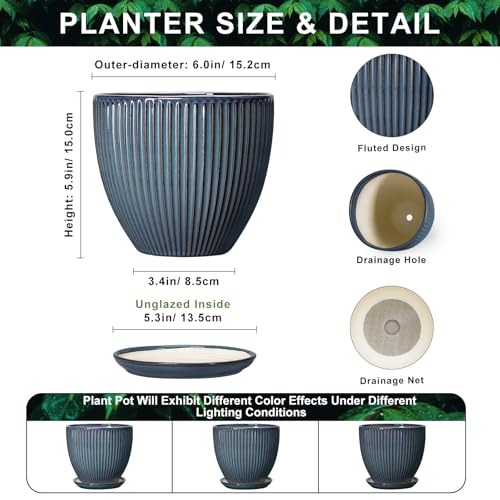 6 Inch Plant Pot, Ceramic Flower Pots for Indoor Plants, Round Planters with Drainage Hole and Saucer, Decorative Small Modern Flower Pots, Home Room Decor, House Warming Gifts, Retro Blue - color: Retro Blue, size: 6 Inch