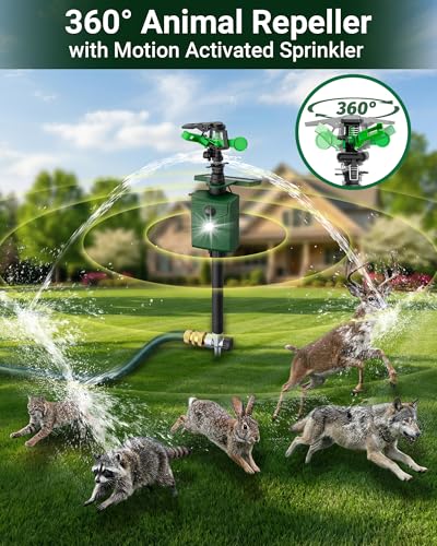 Motion-Activated Sprinkler, Solar Animal Repellent Outdoor - 2 Pack Deer Cat Deterrent with Motion Sensor & Flashing Lights, Protects Yard & Garden from Deer, Cats, Raccoons