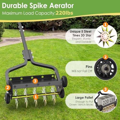 Seeutek 18 Inch Lawn Aerator, Upgraded Heavy Duty Manual Aerators Lawn Tool w/ 3D Steel Tines, 4 Wheels & Non-Slip Handle, Push Spike Aerator Suitable for Lawn, Garden and Yard - size: 18" Upgraded