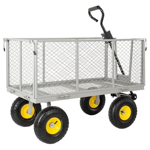 4-in-1 Oversized Steel Dump Garden Cart, 880lbs Pullable Mesh Metal Utility Cart with Removable Liner, Side Panels & Mesh Tray for Outdoor Lawn, Patio, Landscaping, Gray