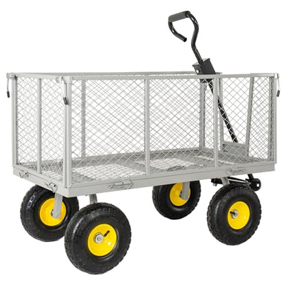 4-in-1 Oversized Steel Dump Garden Cart, 880lbs Pullable Mesh Metal Utility Cart with Removable Liner, Side Panels & Mesh Tray for Outdoor Lawn, Patio, Landscaping, Gray
