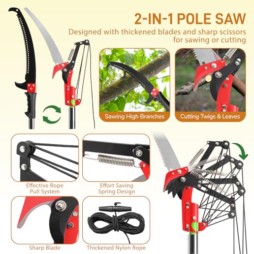 Outvita Manual Pole Saw, 24 Feet Extendable Tree Pruner with Knives and Storage Pocket, Sharp Steel Blade and Scissors High Branches Trimming for Pruning Palms and Shrubs(Yellow) - color: Yellow, size: 24 feet
