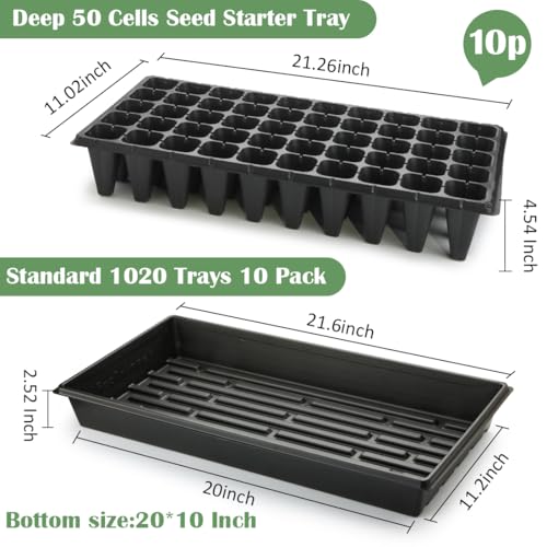 RooTrimmer 10 Pack 1020 Trays and 10 Pack 3.5" Deep 50 Cell Seed Starter Trays, 20" x 10" - Durable Plastic Nursery Flats for Microgreens, Seedling,Seed Germination & Plant Propagation (10 Set) - size: 50 Cells