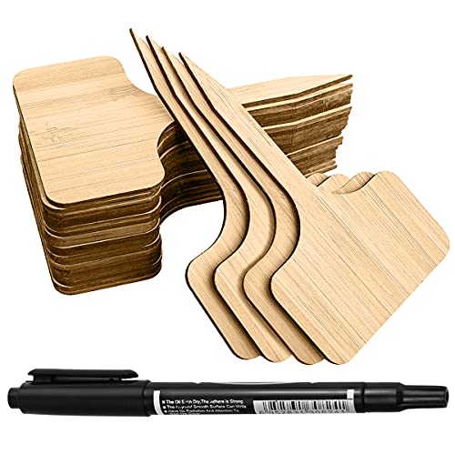 50Pcs Bamboo Plant Labels with A Marker Pen T-Type Wooden Plant Sign Tags Garden Markers for Seed Potted Herbs Flowers Vegetables 2.3 x 4 inch (50)