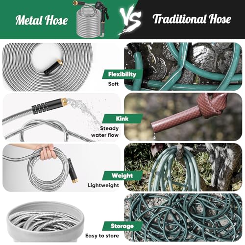 Kebose Garden Hose 100FT, Stainless Steel Hose with 10 Functional Nozzles - color: Silver, size: 100ft