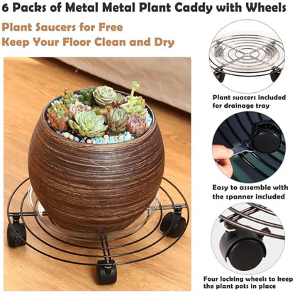 6 Packs Large Metal Plant Caddy with Wheels 13" and 11.8" Heavy-duty Wrought Iron Rolling Plant Stands with Casters Plant Dolly Plant Roller Base Indoor and Outdoor Plant Pot Movers Planter Rollers - color: Brown