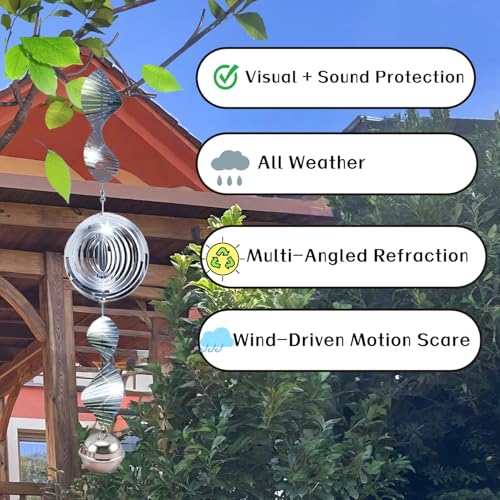 9 PCS Stainless Steel Bird Deterrent – 3D Wind Spinner with Bells, Visual & Sound Bird Scarer, Reflective Wind Chimes to Keep Woodpeckres, Pigeons, Crows Away, Garden Decor for Yard Patio Farm