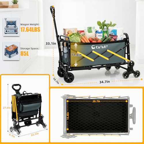 Folding Utility Cart with Triangular Wheels, 2 in 1 Collapsible Wagon for Stairs, Multi-Scene Stair Climbing Wagon, Lightweight Hand Truck with Telescoping Handle for Grocery, Laundry, Moving, Office