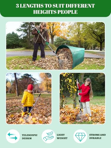 Adjustable Metal Leaf Rake Set Garden Rake for Leaves Long Handle 37"-63" Expandable Head Gardening Tools Set Includes 44 Gallon Bag & Scoop & Gloves Rakes for Lawns Heavy Duty for Yard Lawn Garden