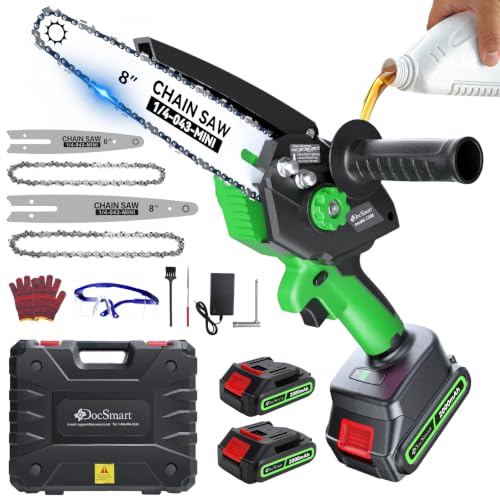 Mini Chainsaw with 1000W Brushless Motor, 8 inch & 6 inch 2 Batteries - color: Green