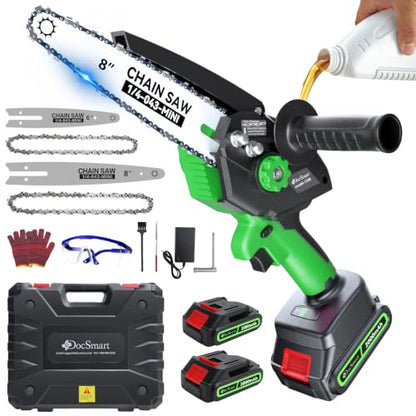 Mini Chainsaw with 1000W Brushless Motor, 8 inch & 6 inch 2 Batteries - color: Green