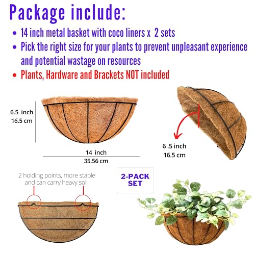 LaLaGreen Wall Planter (14 in, 2 Pack) Black Coco Liner Fence Flower Pots - size: 14" x 2 Pack