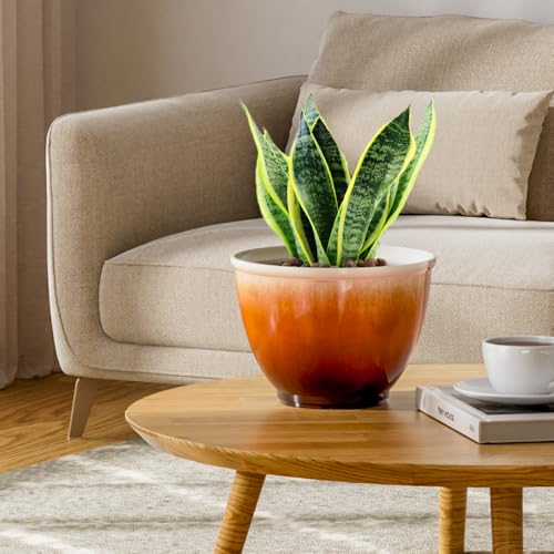 8 Inch Plant Pots, Glazed Plastic Indoor Planters with Drainage, 4 Pack - color: Orange
