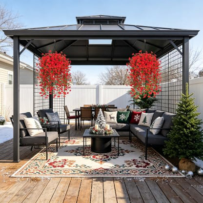 Artificial Flowers with Hanging Basket, Outdoor Faux Plants UV Resistant - color: Red