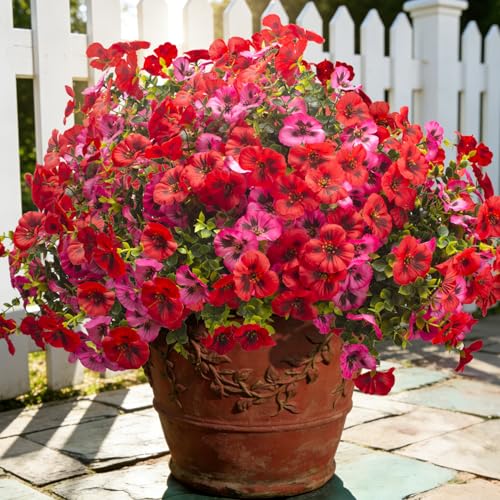 Grunyia Fake Pansy Flowers 16Pcs Artificial Silk Flowers UV Resistant for Outdoors, Realistic Faux Pansies for Planters Window Boxes Porch Garden Decor (Red & Pink) - color: Red+pink