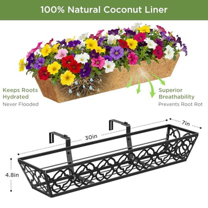 HFHOME 4 Pcs 30" Window Box Deck Railing Planter Box with Horse Trough Coco Liners, Black Metal Hanging Flower Planters Baskets for Indoor, Outdoor, Balcony, Porch, Fence, Patio, and Lawn - size: 30 Inch 4-Pack Flower-Pattern