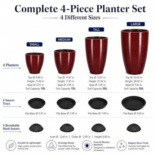 Usocik Large Outdoor Planters, Set of 4, 10/12/21/24 Inch, Wine Red - color: Burgundy Gloss