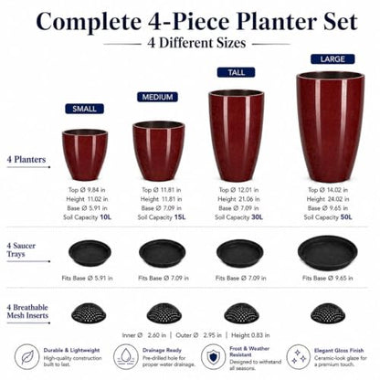 Usocik Large Outdoor Planters, Set of 4, 10/12/21/24 Inch, Wine Red - color: Burgundy Gloss