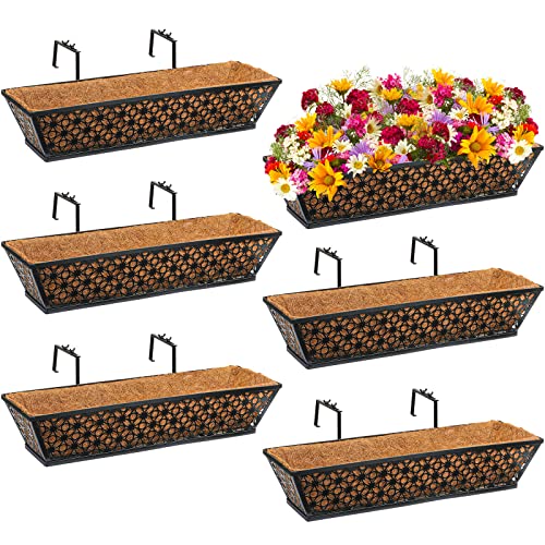 Potchen 6 Pack 24 Inch Railing Window Boxes Planters with Coconut Liner Boxes Metal Black Hanging Flower Planter Window Basket for Indoor Outdoor Lawn