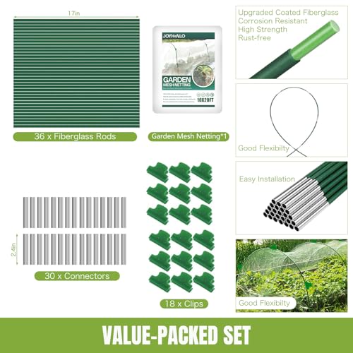 36 Pack Garden Hoops with 10x20 Ft Netting for Raised Beds, 18 Clips - color: Green