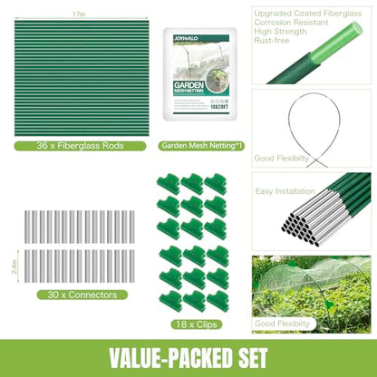 36 Pack Garden Hoops with 10x20 Ft Netting for Raised Beds, 18 Clips - color: Green