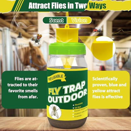4 Fly Traps Outdoor for Patio with 4 Bait, Reusable Bug Catcher Bottle Jar - color: green