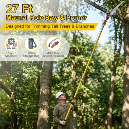 LEVELEVE Manual Pole Saw, 7.3-27 ft Extendable Tree Pruner, High Carbon Steel Double-Hook Blade with Scissors,Lightweight 8 Fiberglass Handles, Manual Branch Trimmer for High Branches,Palms and Shrubs